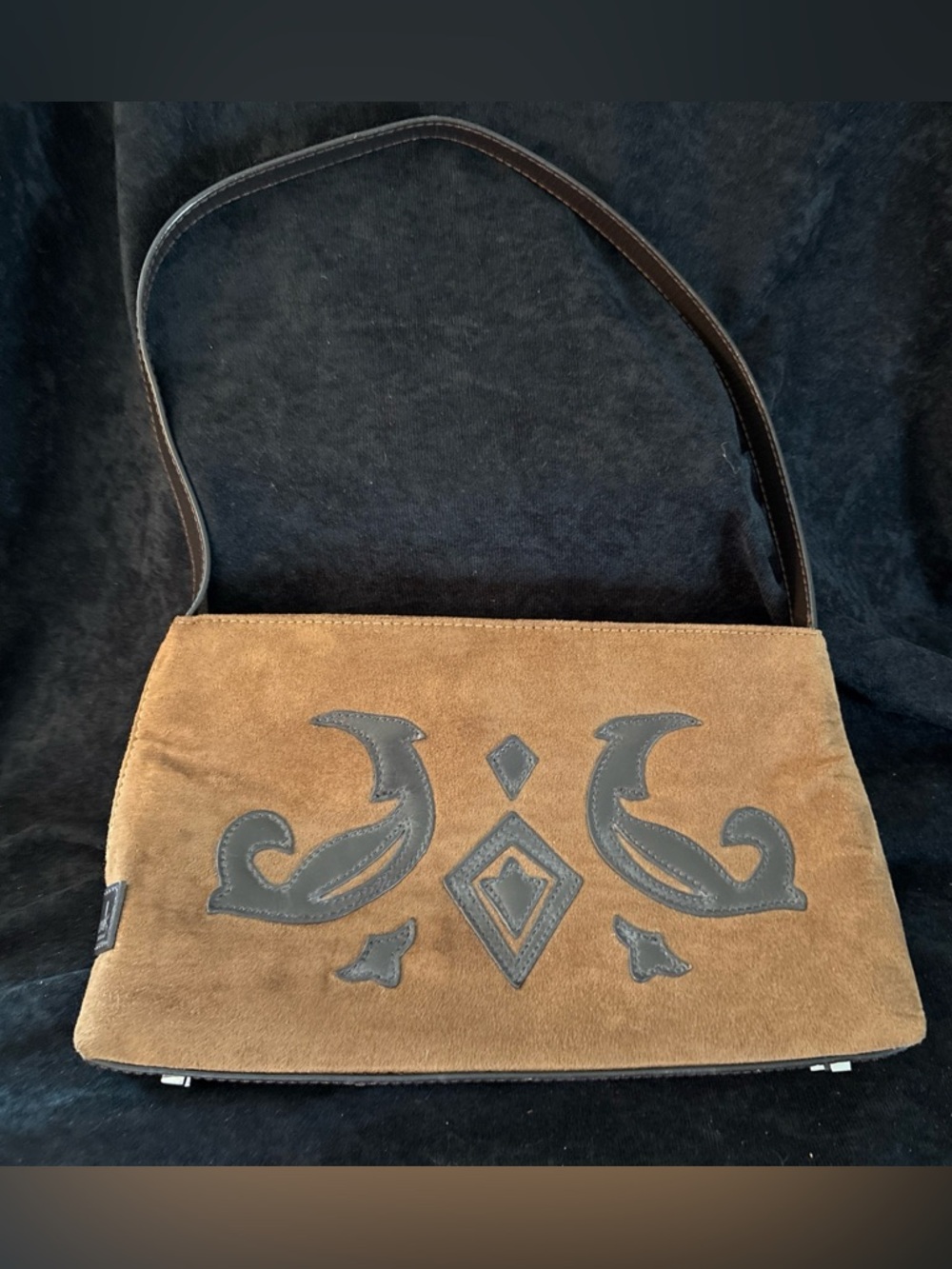 Harrods of London Brown Suede Shoulder Bag with Appliqué